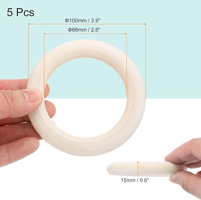 MECCANIXITY 5pcs 3.9" Unfinished Wooden Rings Smooth Natural Wood Macrame Rings - Image 2
