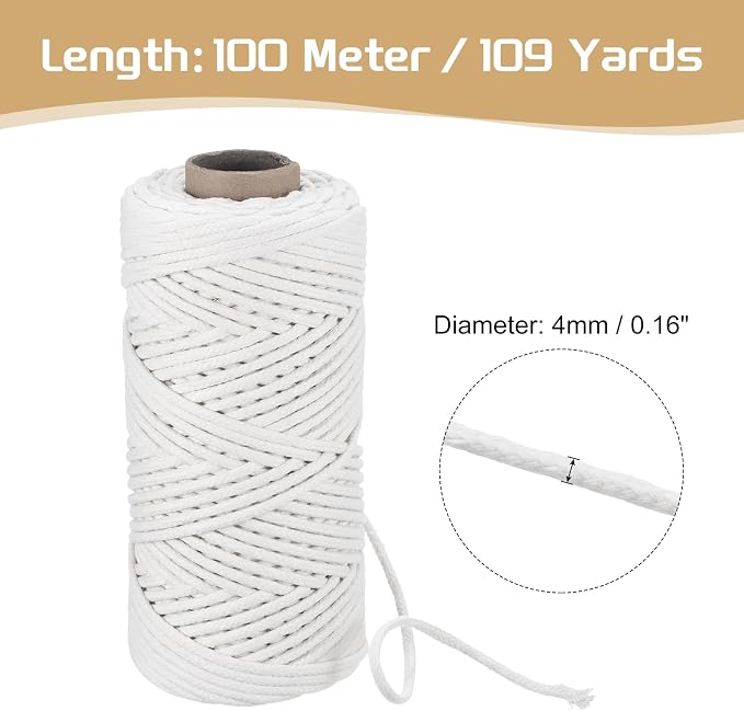 Rebower Macrame Cord 4mm x 109 Yard, Natural Cotton Macrame Rope Twisted - Image 2