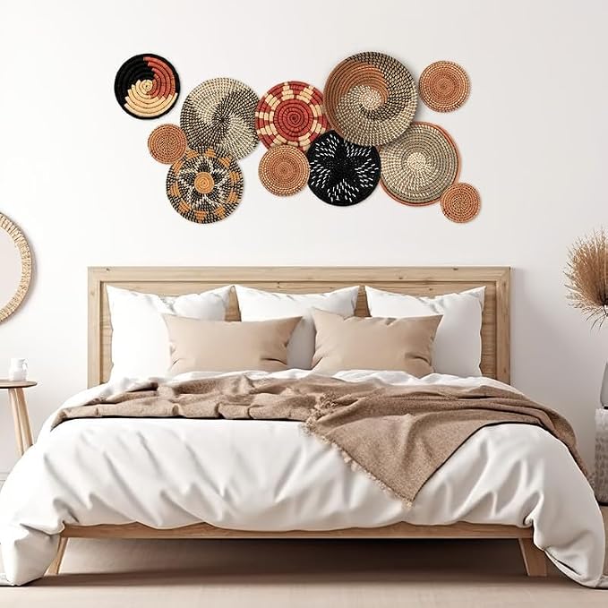 Tatuo 11 Pcs Boho Wall Basket Decor Decorative Bulrush Woven Basket Wall Decor - Image 6