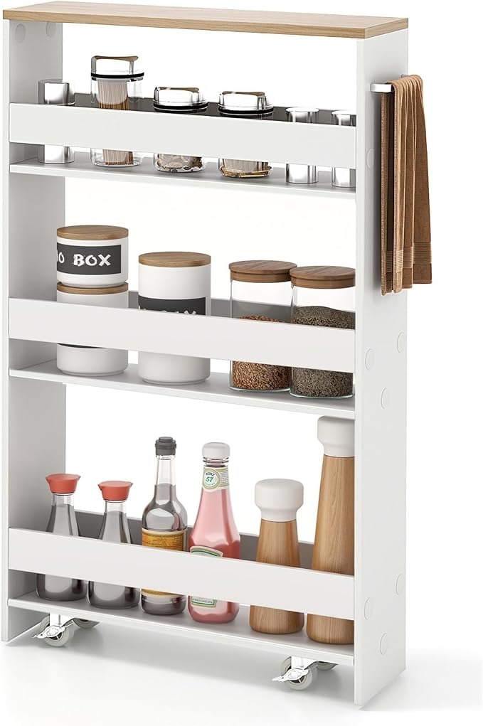 Slim Rolling Storage Cart, 4-Tier Kitchen Utility Carts on Wheels, Wood by SILKYDRY