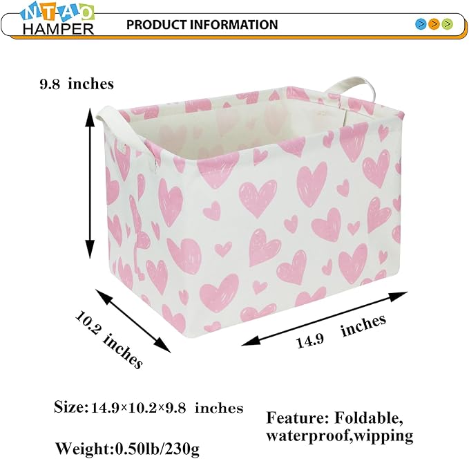 Rectangular Pink Heart Fabric Storage Basket, Books Box, Lovely Storage Trunk - Image 6