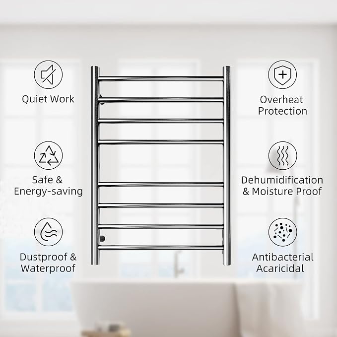 Towel Warmer Polished Chrome for Bathroom Wall Mounted Drying Rack Plug-in - Image 7