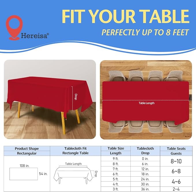 8-Count Red Disposable Plastic Tablecloths Rectangle 54x108 Inch - Image 2