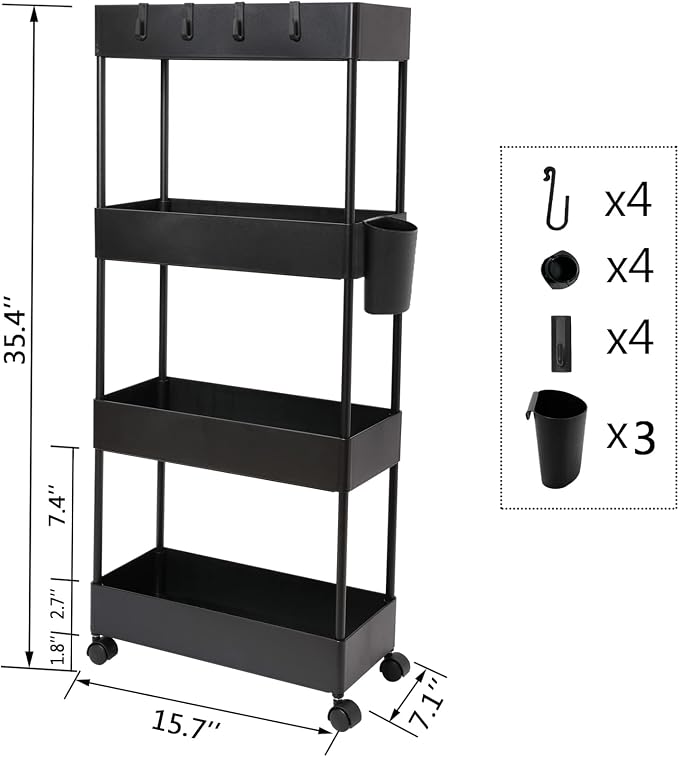 4 Tier Slim Rolling Utility Kitchen Cart Bathroom Organizer - Image 2