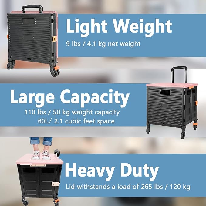 FELICON SELORSS Foldable Utility Cart Folding Portable Rolling Crate Handcart - Image 3