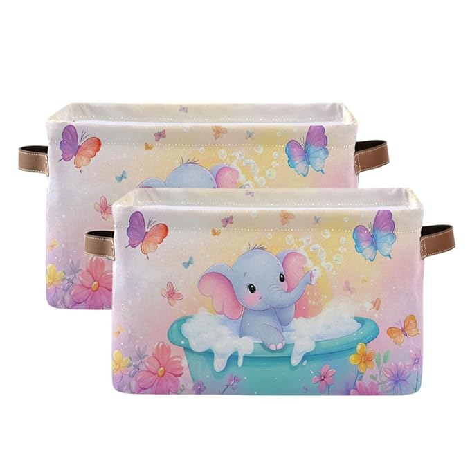 Elephant Butterfly Flowers Pink Rectangular Storage Bin Basket by DOMIKING