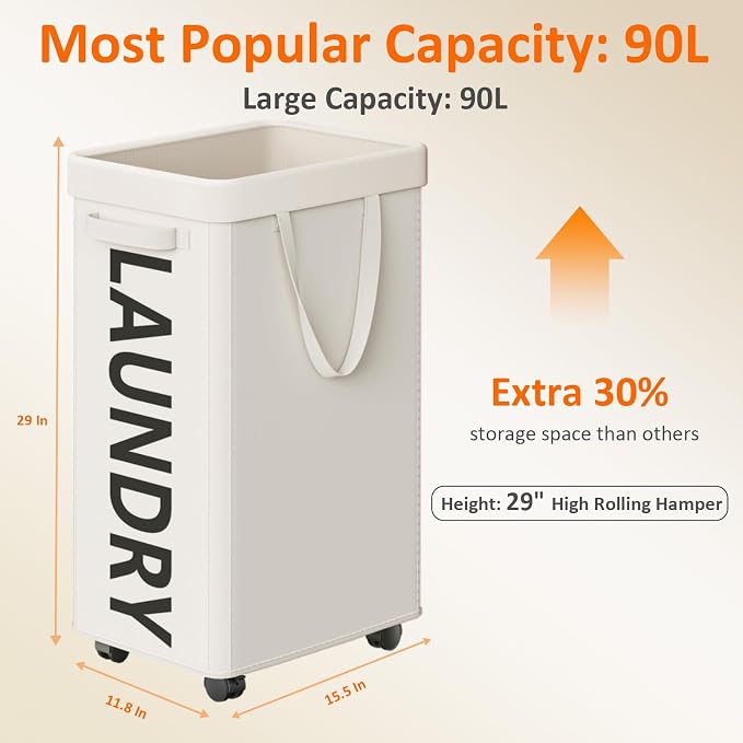 Laundry Basket with Wheels, 90L Rolling Laundry Hamper with Wheels, Large - Image 3