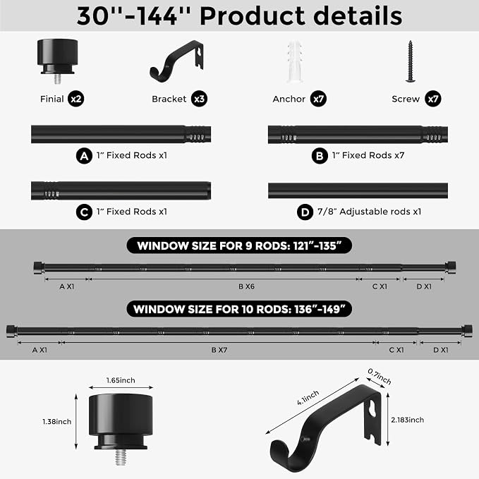 Long Curtain Rods for Windows 72 to 144 Inch, Modern End Cap Style Design - Image 7