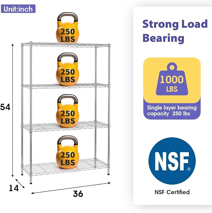 Meet perfect 4-Tier Heavy Duty Wire Shelving Unit, 1000 lbs Total Capacity - Image 3