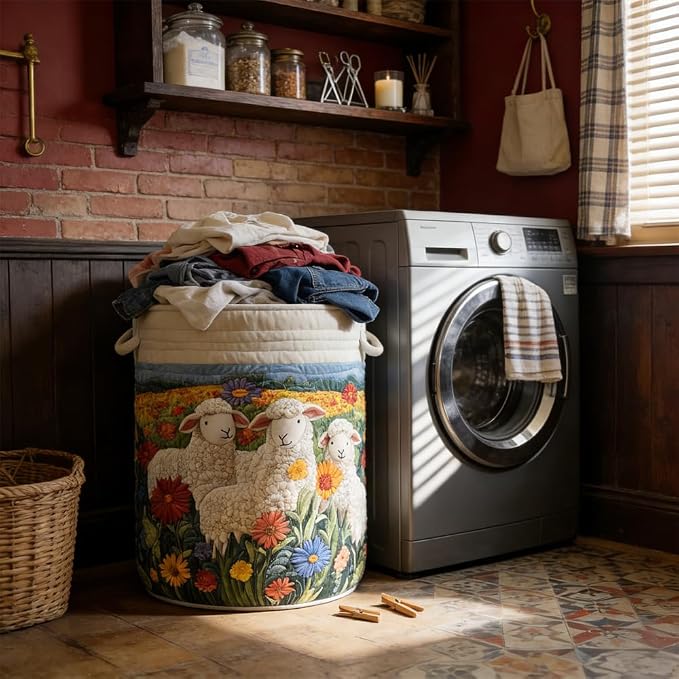 Quilted Laundry Basket with Handles, Boho Floral Fabric Storage Hamper - Image 4