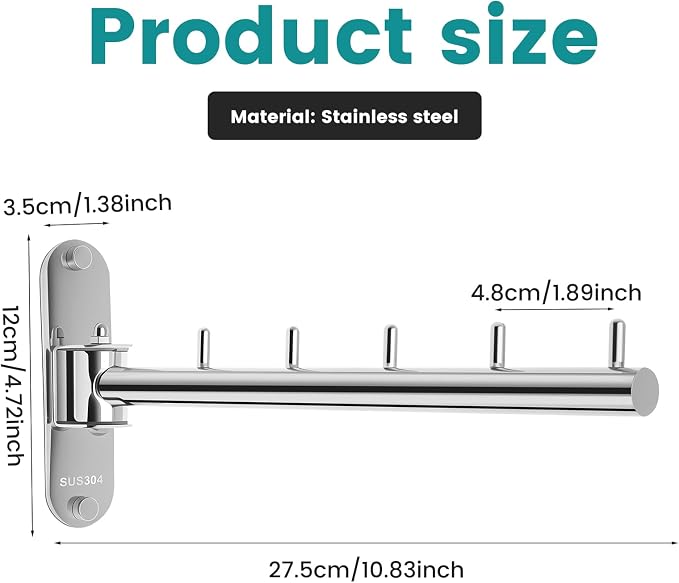 Wall Mounted Clothes Hanger Rack Swing Arm, Folding Clothes Hanger Space Saving - Image 3