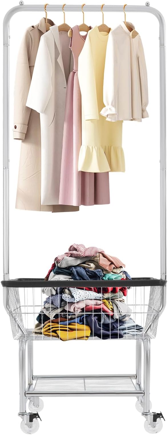 Laundry Cart With Hanging Rack, 110 lbs Capacity Rolling Laundry Basket with by Unknown