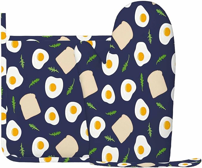 Mxocom Fried Eggs Toast Bread and Arugula Silicone Oven Mitts and Pot Holders - Image 2