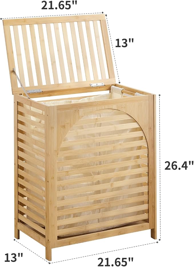 Laundry Hamper with Lid, Bamboo Clothes Laundry Basket with Handles, Removable - Image 2