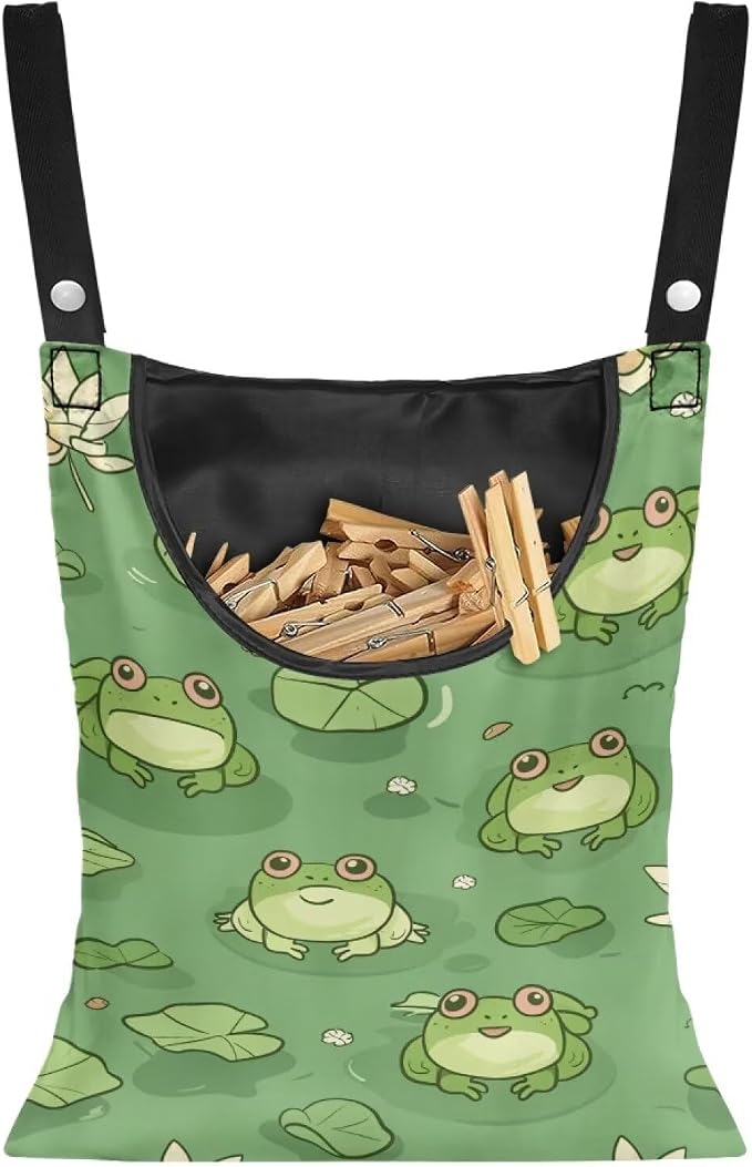 Cute Frog Clothespin Bag with Hanging Hook Reusable Laundry Canvas Clothes Pin by Bivxisrvo