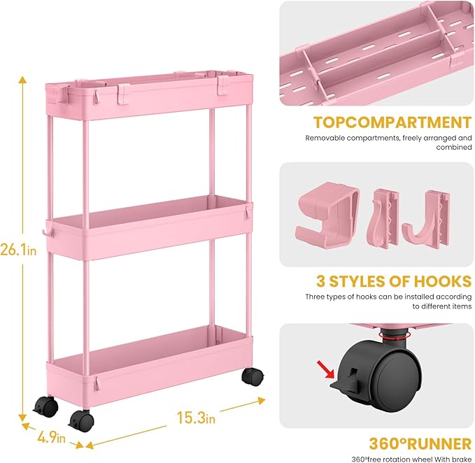 SPACELEAD Slim Storage Cart 3 Tier, Bathroom Organizer Rolling Utility - Image 3