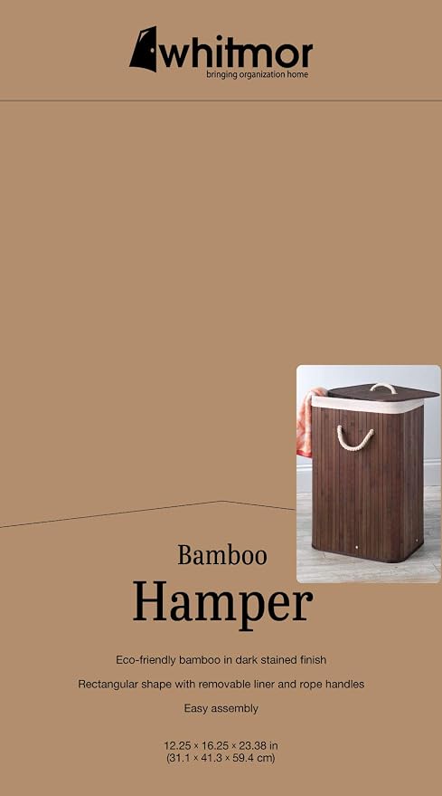 Whitmor Laundry Hamper with Rope Handles Bamboo, 12.25x16.25x23.375, Dark Stain - Image 3