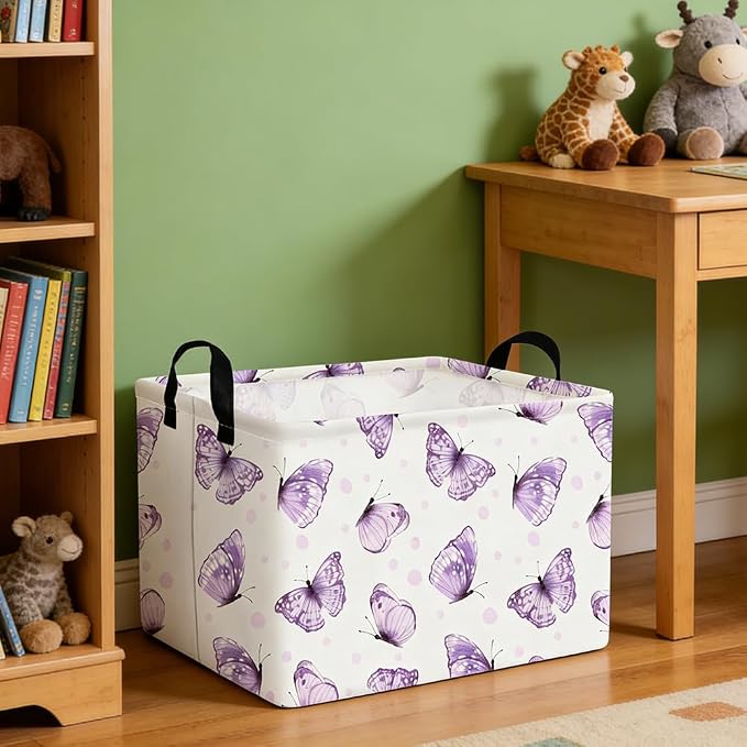 Rectangular Purple butterfly basket, Books Storage Basket, Collapsible Storage - Image 5