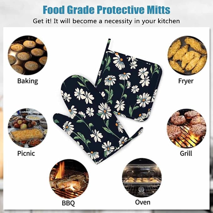 Mxocom Cute Daisy Print Oven Mitts and Pot Holders Sets Summer Garden Spring - Image 7