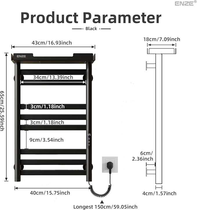 ENZE Smart Heated Towel Rack, 8-Bar Wall-Mounted Electric Towel Warmer - Image 8