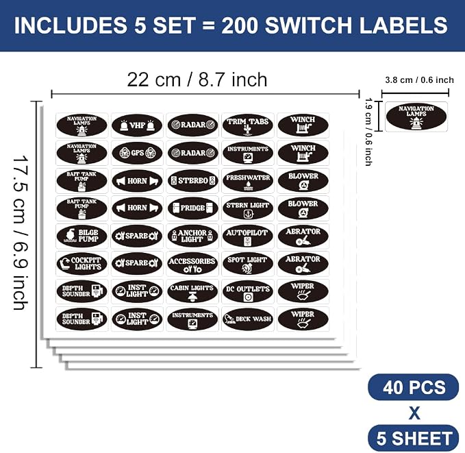 200 Pcs Boat Switch Panel Labels, Oval Marine Boat Dash Board Switch Instrument - Image 2