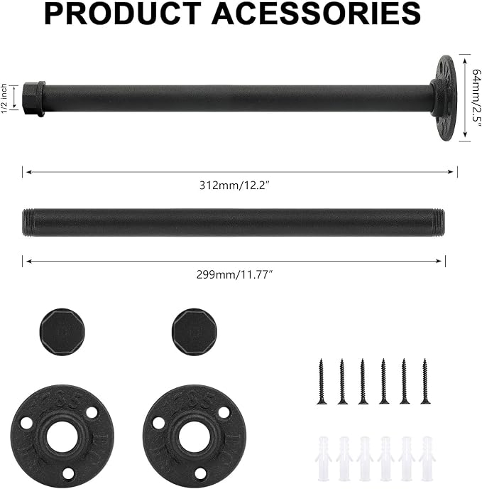 2 Pcs 12 Inch Industrial Pipe Clothes Rack DIY Wall Mounted, Heavy Duty Rustic - Image 3