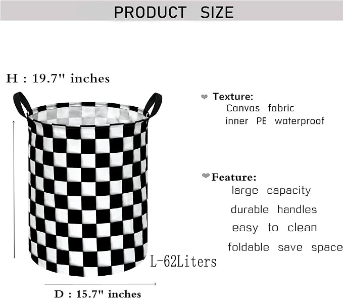 KUNRO Round Black-white Checker Laundry Gift Basket Storage Hamper, Clothes - Image 6