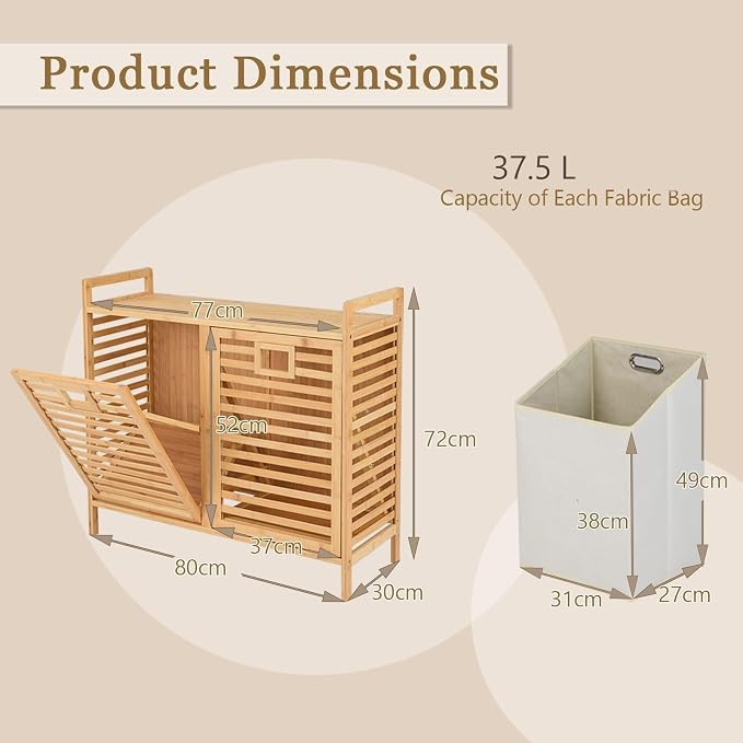 Bamboo Laundry Hamper, 75L Double Tilt-Out Laundry Basket - Image 2