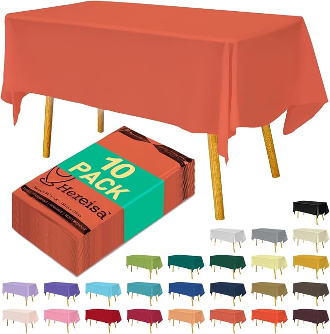 Disposable Coral Plastic Tablecloth 54x108 Inch, 10-Count Waterproof Rectangle by Hereisa