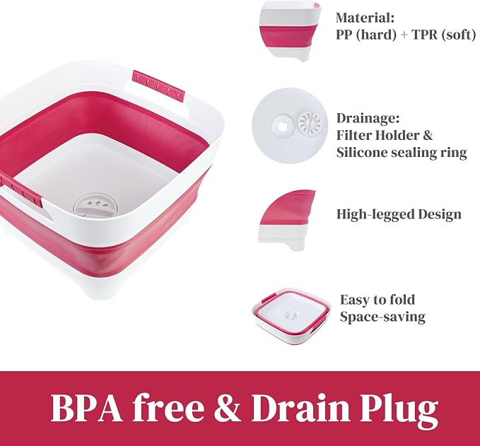 2.6 Gal Collapsible Camping Sink, Magenta Space-Saving Collapsible Dish Basin - Image 4
