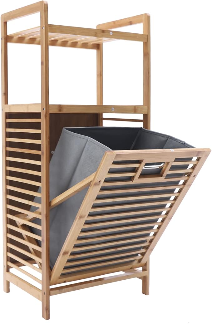 3 Tier Bamboo Laundry Hamper, Large Capacity Free Standing Hamper by Unknown