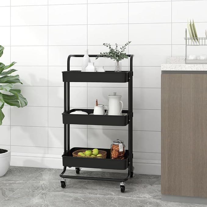 3-Tier Rolling Storage Cart, Metal Utility Trolley by Unknown