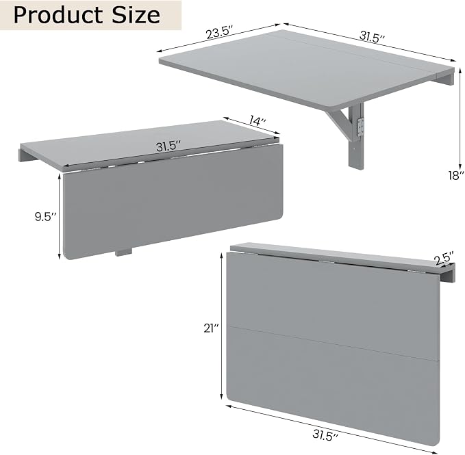 Giantex Wall Mounted Folding Table, 31.5" x 23.5" Wood Murphy Desk Drop-Leaf - Image 3