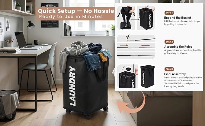 75L – Lockable Wheels Laundry Basket – Support Rods & Box Base – Tall Slim - Image 2
