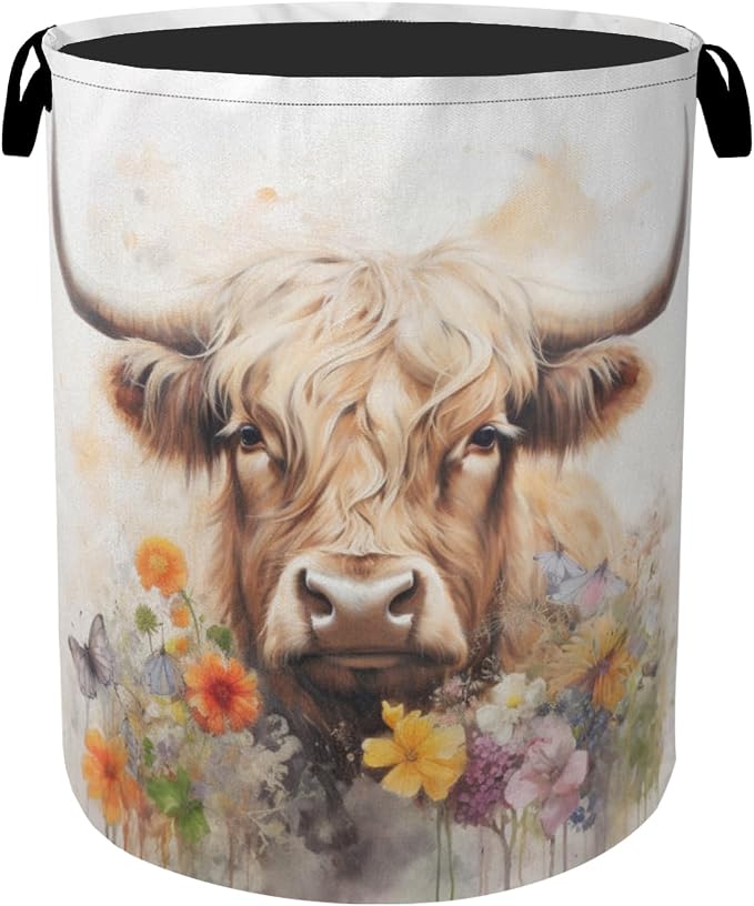 Highland Cow Summer Flowers Large Clothes Hamper Bag by Gearsly