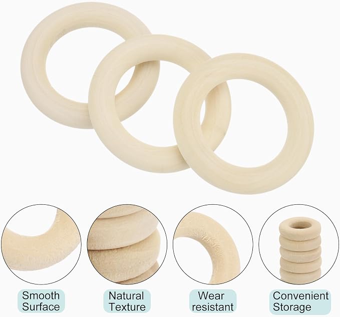 MECCANIXITY 30pcs 1.6" Unfinished Wooden Rings Smooth Natural Wood Macrame Rings - Image 3