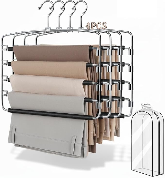 4-Pack Stainless Steel Pants Hangers, 5-Tier Space Saving Closet Organizer by Unknown