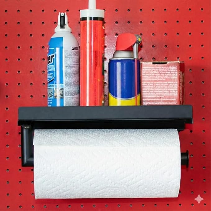 Pegboard Paper Towel Holder and Shelf, Peg Board Accessory Kit by MADDTOOLS
