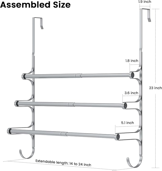 Over The Door Towel Rack, Extendable Triple Towel Storage Holder - Image 2