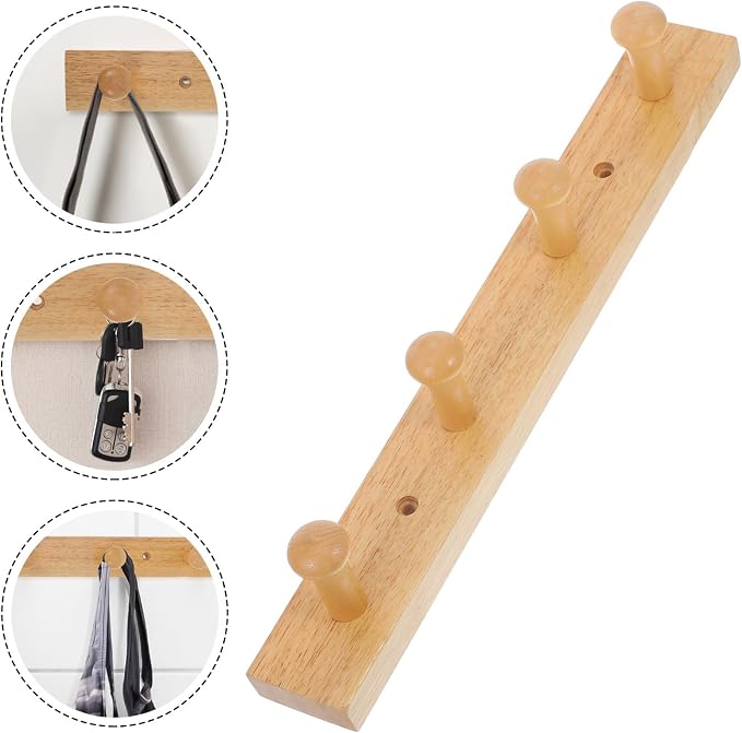 BESPORTBLE Wall Mounted Coat Hat Hanging Hook Rack, Rubberwood Solid Wood 4-bar - Image 4