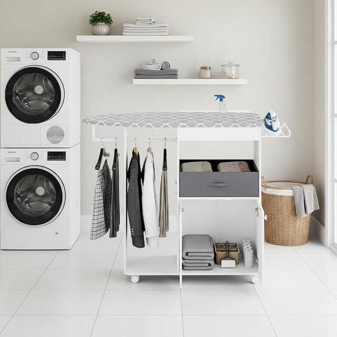Rolling Ironing Board with Storage Cabinet, Wooden Ironing Board Cabinet with - Image 9