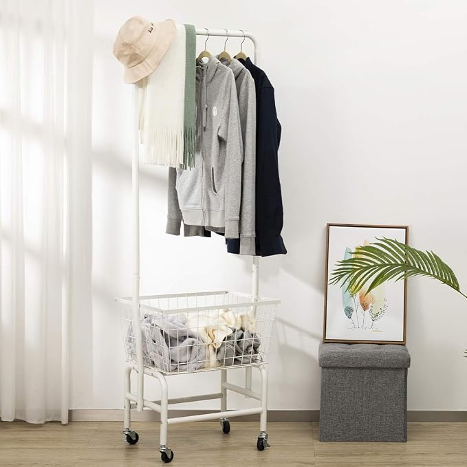 ALIMORDEN Laundry Cart with Clothes Rack, Rolling Laundry Butler with Wire - Image 3