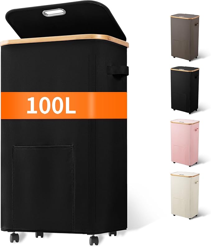 Laundry Basket with Wheels, Tall Dirty Clothes Hamper on Wheels, Rolling by Vincona