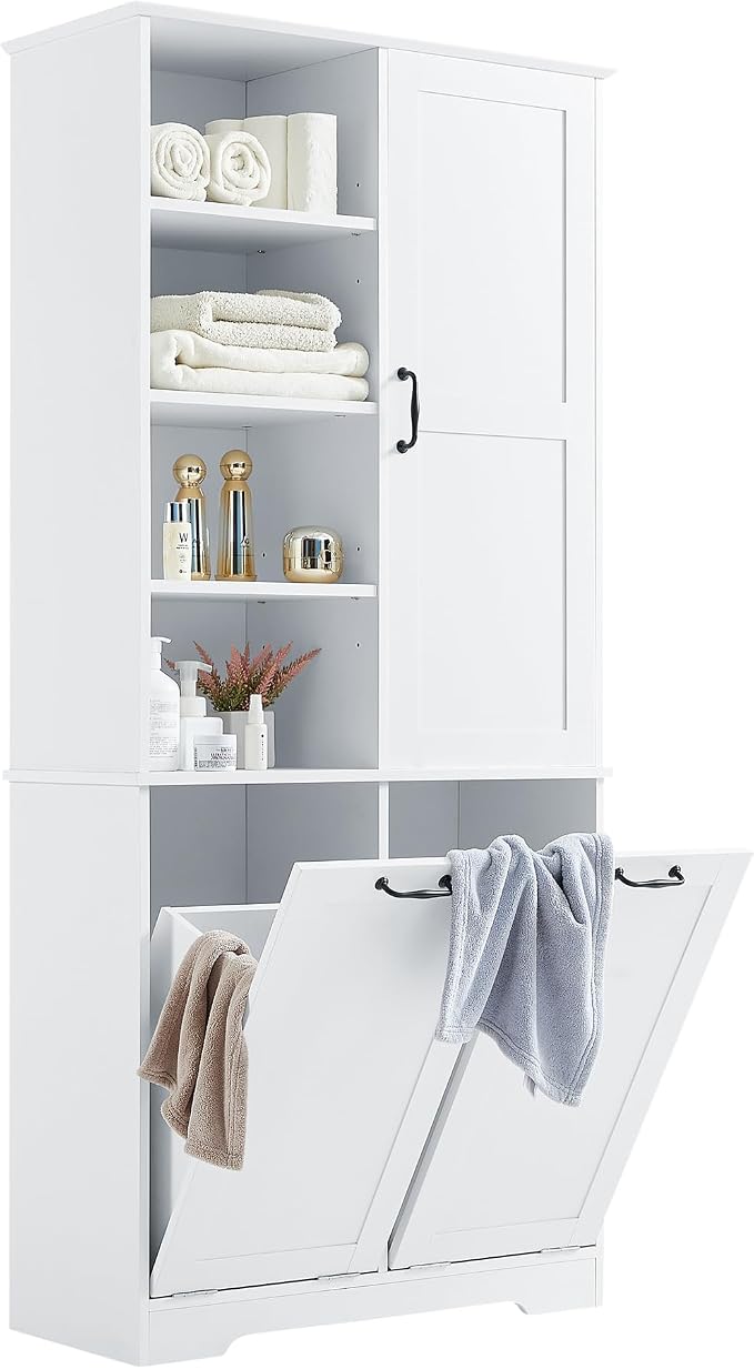 Merax Cabinet with Tilt-Out Laundry Hamper Basket, Tall Bathroom Storage - Image 10