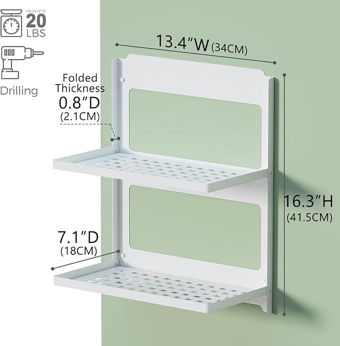 2-Tier Folding Metal Wall Shelf | Wall Mounted Stackable Floating Shelves | - Image 2