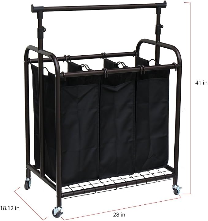 Oceanstar TLS1385 3-Bag Rolling Adjustable Hanging Bar Laundry Sorter - Image 5