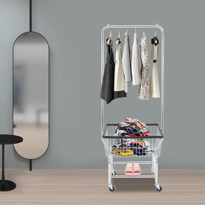 Laundry Cart with Clothes Rack Laundry Basket with Hanging Rack Cart with Extra - Image 4