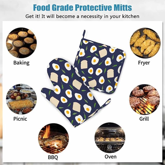 Mxocom Fried Eggs Toast Bread and Arugula Silicone Oven Mitts and Pot Holders - Image 7