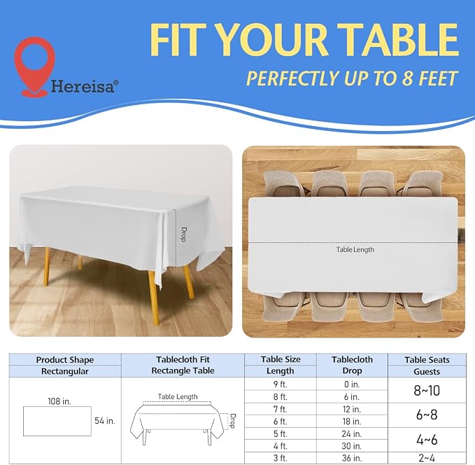 8-Count White Disposable Plastic Tablecloths Rectangle 54x108 Inch - Image 2