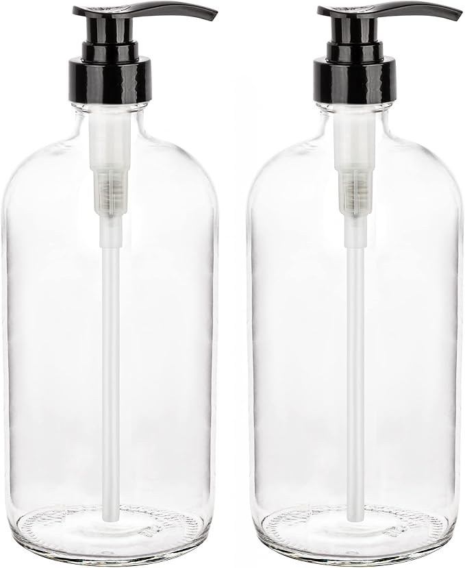 kitchentoolz 32-Ounce Pump Bottles, Large Clear Glass Boston Round Bottles by KITCHENTOOLZ